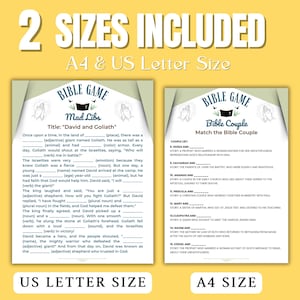 May include: Two printable Bible games are displayed, one a Mad Libs story about David and Goliath, and the other a matching game. The games are available in A4 and US Letter sizes. The title "2 Sizes Included" is at the top.