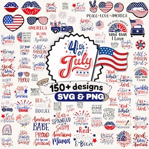 Puede incluir: Una colección de diseños patrióticos para el 4 de julio, con la bandera estadounidense, estrellas y varias frases como "God Bless America" y "Sparkler Tribe". Los diseños están disponibles en formatos SVG y PNG.