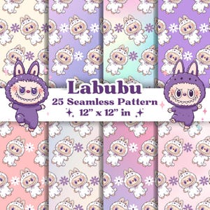 Labubu Digital Paper Bundle | 25 Pastel Kawaii Seamless Patterns | Cute Monster Backgrounds for Sublimation, Tumblers, Scrapbooking, Crafts