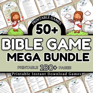 以下が含まれることがあります： 「Bible Game Mega Bundle」と書かれた大きなタイトルが特徴の、印刷可能な聖書ゲームのコレクション。画像にはイエスのイラストとゲームカードが含まれています。このバンドルには50以上のゲームと180ページ以上が含まれており、すぐにダウンロードできます。