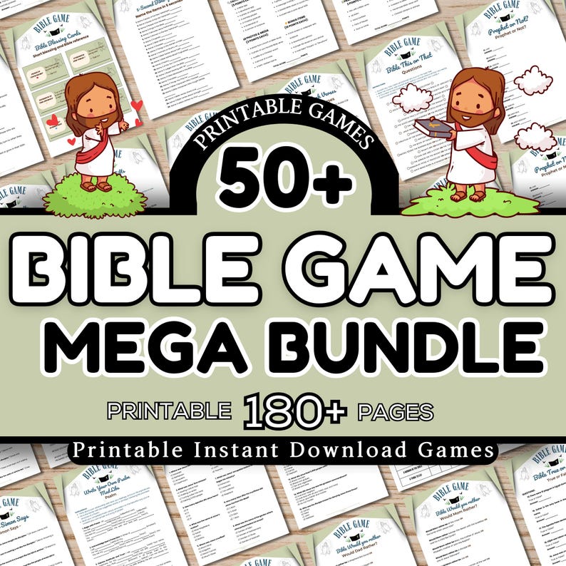 May include: A collection of printable Bible games, featuring a large title that reads "Bible Game Mega Bundle." The image includes illustrations of Jesus and game cards. The bundle includes over 50 games and 180+ pages, available for instant download.