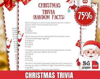 May include: A printable Christmas trivia game with 24 pages. The game features a red and white Santa Claus illustration and the text "Christmas Trivia (Random Facts)".