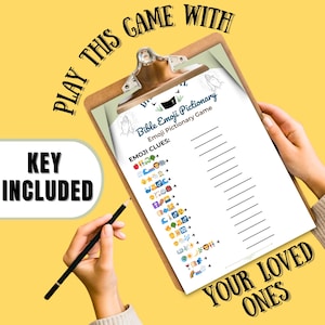 May include: A clipboard with a Bible Emoji Pictionary game sheet. The sheet has emoji clues and lines for answers. The words "Play this game with your loved ones" and "Key Included" are also visible.