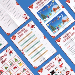 May include: A set of printable Christmas games for families and friends. The games include a Christmas family feud, a Christmas scavenger hunt, a Christmas bingo game, a spot the difference game, and a decorate a snowman game.