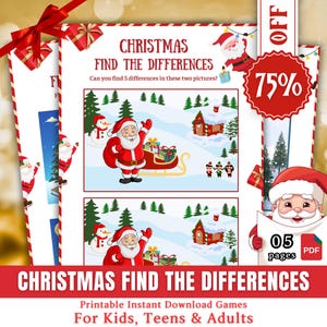 May include: A printable Christmas-themed game for kids, teens, and adults. The game features two images of Santa Claus with a sleigh and presents, and players must find five differences between the images. The game is available for instant download and includes five pages.