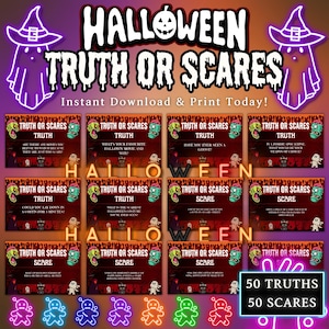 Könnte beinhalten: Ein Satz von 10 druckbaren Halloween-Karten für ein Wahrheit-oder-Pflicht-Spiel. Die Karten sind rot mit schwarzem Rand und zeigen einen Cartoon-Zombie. Die Karten haben den Text "Truth or Scares" und entweder "Truth" oder "Dare" darauf gedruckt. Der Text "50 Truths 50 Scares" ist unten auf dem Bild gedruckt.