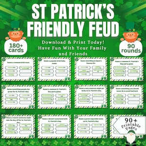 Może przedstawiać: Zielona gra o tematyce Dnia Świętego Patryka zatytułowana "St. Patrick's Friendly Feud". Obraz zawiera tekst "Pobierz i wydrukuj już dziś!" oraz "Baw się dobrze z rodziną i przyjaci&oacute;łmi". Zawiera ponad 180 kart i 90 rund.