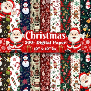 Könnte beinhalten: Ein Set mit 12 digitalen Papierdesigns mit Weihnachtsmotiven. Die Papiere zeigen verschiedene Weihnachtselemente, darunter Zuckerstangen, Schneeflocken, Ornamente und den Weihnachtsmann. Jedes Papier ist 30,48 cm x 30,48 cm groß.