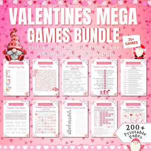 Op de afbeelding: Een roze en witte printbare bundel met Valentijnsdagspellen met meer dan 75 spellen en meer dan 200 pagina's. De spellen omvatten een Valentijnsdag Emoji-quiz, een Valentijnsdag-doolhof, een quiz over liefdesliedjes, een Valentijnsdag 'Zou je liever'-spel, twee waarheden en een leugen, een Valentijnsdag-codebreker, een Valentijnsdag-dobbelspel, een Valentijnsdag-woordzoekspel, een Valentijnsdag-kaartenruil en een Valentijnsdag-bingo.