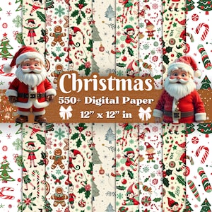 May include: A set of 12 digital Christmas paper designs featuring Santa Claus, elves, gingerbread men, candy canes, holly, and snowflakes. Each design is 12 inches by 12 inches.