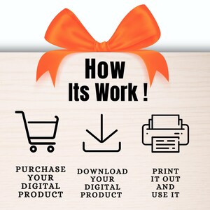 May include: An orange bow tops a light wood-grain background with the text "How Its Work!". Below are icons and text: "Purchase Your Digital Product", "Download Your Digital Product", and "Print It Out and Use It".
