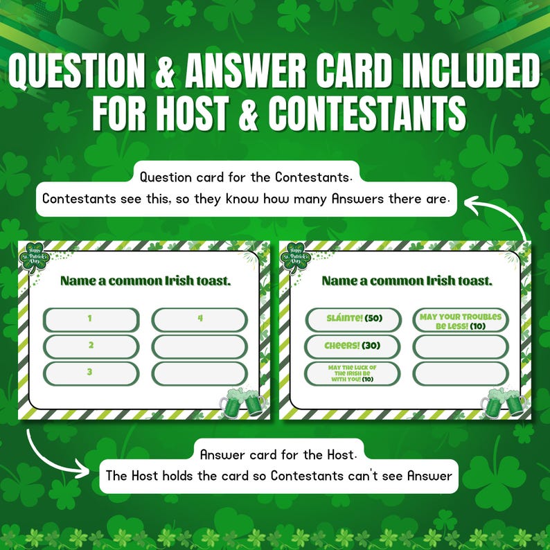 Może przedstawiać: Zielone karty do gry w quiz z okazji Dnia Świętego Patryka z tekstem "QUESTION & ANSWER CARD INCLUDED FOR HOST & CONTESTANTS". Karty zawierają pytania i odpowiedzi dotyczące irlandzkich toast&oacute;w.