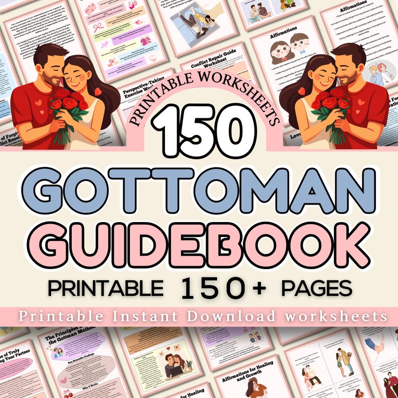 Op de afbeelding: Een digitaal downloadproduct met een "Gottman Guidebook" met 150+ pagina's afdrukbare werkbladen. De afbeelding bevat illustraties van koppels en tekst zoals "Conflict Repair Guide Worksheet" en "Affirmations".