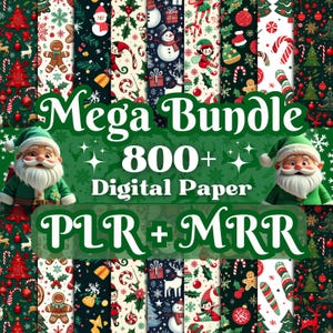 Puede incluir: Un mega paquete de papel digital con más de 800 diseños. La imagen presenta varios patrones navideños, incluyendo hombres de jengibre, muñecos de nieve y bastones de caramelo. El texto "Mega Bundle" y "800+ Digital Paper" se muestra.