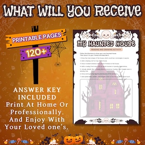 May include: Printable Halloween activity for kids.  A printable page with instructions to draw a haunted house.  The page includes a black and white illustration of a haunted house with a spooky tree and a bat.  The text on the page says "My Haunted House" and "Reading and Drawing Activity".  The text also includes instructions for drawing the haunted house.  The page is surrounded by a border of orange and black.  The text "120+ Printable Pages" is on a separate page with a purple and black border.
