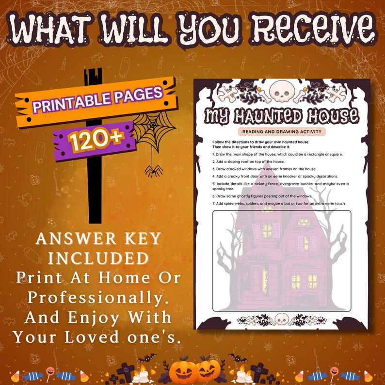 May include: Printable Halloween activity for kids.  A printable page with instructions to draw a haunted house.  The page includes a black and white illustration of a haunted house with a spooky tree and a bat.  The text on the page says "My Haunted House" and "Reading and Drawing Activity".  The text also includes instructions for drawing the haunted house.  The page is surrounded by a border of orange and black.  The text "120+ Printable Pages" is on a separate page with a purple and black border.