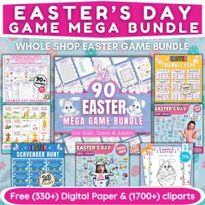 May include: A digital download bundle of 90 Easter-themed printable games for kids, teens, and adults. The bundle includes a variety of games, such as scavenger hunts, word searches, and coloring pages. The image also includes a free offer for 330+ digital papers and 1700+ clipart images.