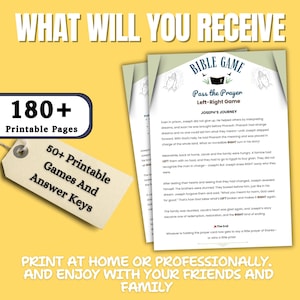 May include: An image of a Bible game called "Pass the Prayer: Left-Right Game" with text about Joseph's Journey. The image includes a tag with "50+ Printable Games and Answer Keys" and "180+ Printable Pages" text. The background is yellow.