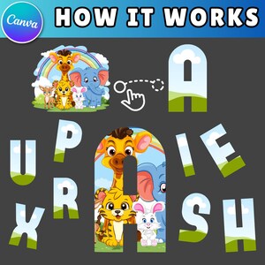 May include: A colourful alphabet puzzle featuring animal illustrations. The letters are scattered around the image, and the user needs to match the letters to the animals to complete the puzzle. The letters are A, P, R, I, E, S, H, U, and X.