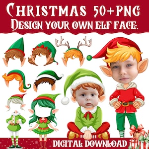 50+ Kerstmis voeg je eigen foto toe, doe-het-zelf elfje png-bundel, elfengezicht leeg, kerstknutsel voor kinderen, kerstdecor, perfect leuk