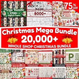 Puede incluir: Una colección de productos digitales con temática navideña, que incluye papel, archivos SVG, imágenes prediseñadas y más. La imagen presenta texto como "Christmas Mega Bundle 20,000+" y "75% OFF". Se muestran varios diseños, incluyendo elfos, Papá Noel y patrones festivos.