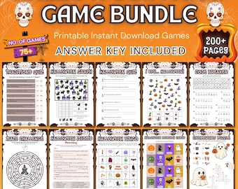 May include: A Halloween game bundle with over 75 printable games and 200+ pages. The games include a traditions quiz, a graph, a quiz, a code breaker, a maze challenge, idioms, bingo, memory cards, and a crossword puzzle. The games are decorated with Halloween themes like ghosts, pumpkins, and bats.