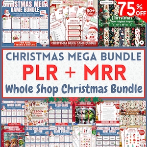 Puede incluir: Una colección de productos digitales con temática navideña, que incluye juegos, imágenes prediseñadas y papel digital. La imagen presenta varios paquetes con títulos como "Christmas Mega Game Bundle" y "Christmas Mega Bundle PLR + MRR". Los productos están diseñados para niños, adolescentes y adultos.