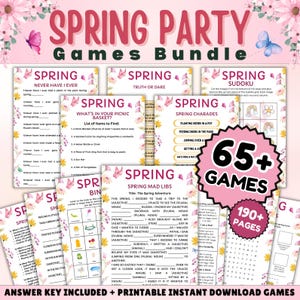 May include: A Spring Party Games Bundle with various printable games, including "Never Have I Ever," "Truth or Dare," and Sudoku. The bundle features a pink and white floral design with butterflies and the text "65+ Games" and "190+ Pages."