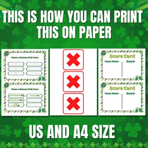 Może przedstawiać: Zielono-biały materiał do druku z motywem Dnia Świętego Patryka z tekstem "THIS IS HOW YOU CAN PRINT THIS ON PAPER". Zawiera pytania quizowe, karty wynik&oacute;w i czerwone znaki "X". Widoczny jest r&oacute;wnież tekst "US AND A4 SIZE".