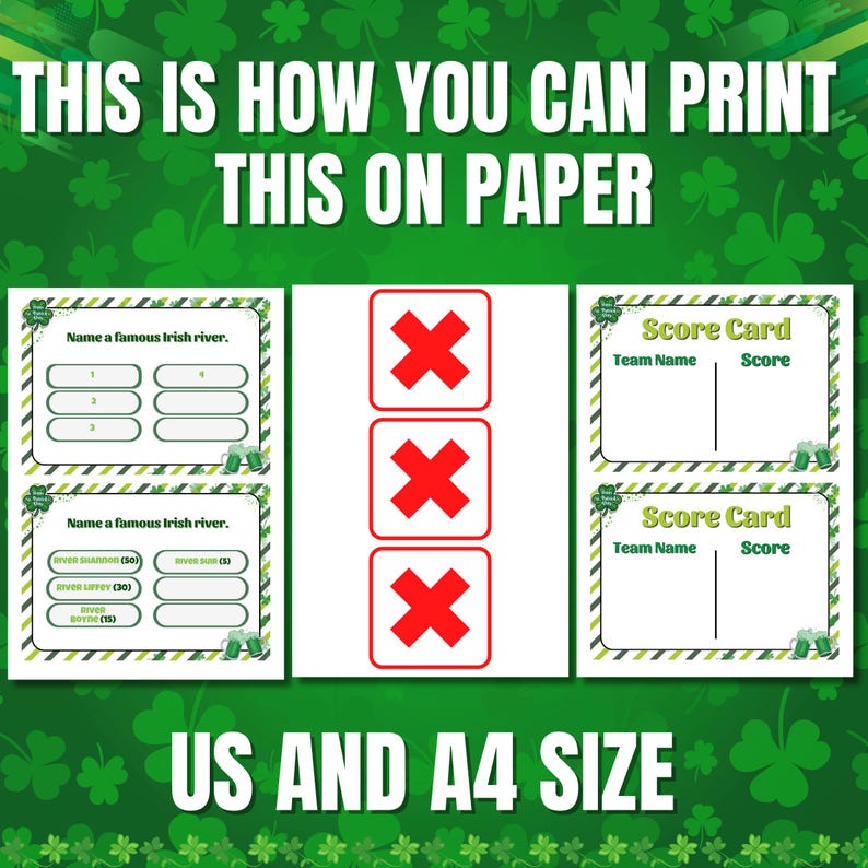 Może przedstawiać: Zielono-biały materiał do druku z motywem Dnia Świętego Patryka z tekstem "THIS IS HOW YOU CAN PRINT THIS ON PAPER". Zawiera pytania quizowe, karty wynik&oacute;w i czerwone znaki "X". Widoczny jest r&oacute;wnież tekst "US AND A4 SIZE".