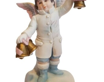 1986 Enesco Porcelain Winter Snow Angelic Little Boy with Bells Vintage