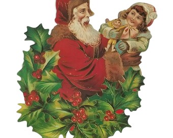 Victorian Die Cut Santa With Little Girl an Holly Double Side Ornament Shackman