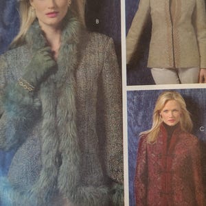 May include: A sewing pattern sheet featuring three jacket designs. Design B is a grey tweed jacket with teal faux fur trim on the collar and cuffs. Design A is a tan jacket with a textured front edge. Design C is a red patterned jacket with toggle closures.