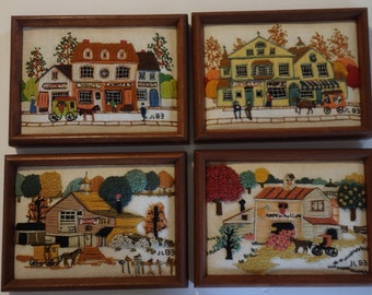 Vtg Crewel Embroidered Framed Amish Village 4PC set 5x7