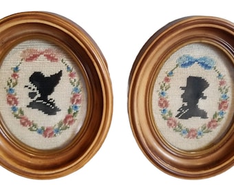 Vintage Needlepoint Silohette Lady and Gentleman set in Oval Frame