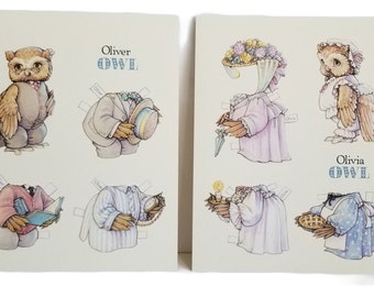 Vintage Embossed Postcard Olivia Owl Oliver Owl Paper Doll Postcards 12 Pack Shackman Co 1993 Kathy Lawrence Creations