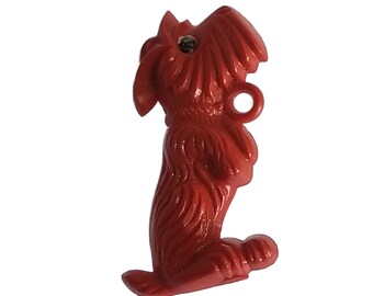 Vintage 1950s Red Plastic Begging Dog Pin Kitschy Scottie Doggie