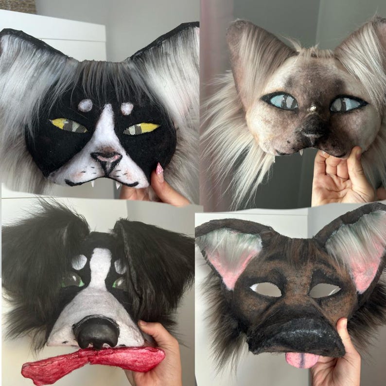 May include: Four animal masks: a black and white cat, a Siamese cat, a black and white dog, and a brown dog. Each mask has detailed features, including eyes, noses, and fur. The dog masks have tongues. The cat masks have pointed ears.