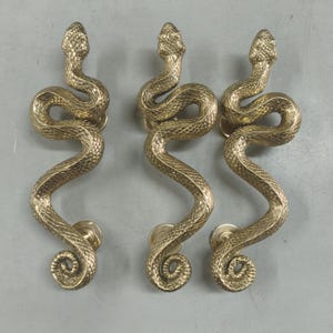 May include: Three brass-coloured metal door handles shaped like coiled snakes. Each handle features a textured, scale-like surface pattern, a defined head at the top, and a curled tail at the bottom, mounted on circular hardware bases.