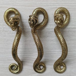 Könnte beinhalten: Drei goldfarbene Schlangentürgriffe mit detaillierten Schuppen und einer strukturierten Oberfläche. Jeder Griff hat einen Schlangenkopf mit offenem Maul und Zähnen.