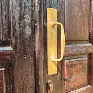 May include: A brass door handle with a long, rectangular plate and a curved handle. The handle is mounted on a dark brown wooden door.