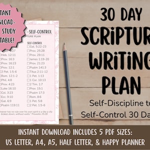 May include: A pink Bible study printable with a 30-day scripture writing plan. The design includes a checklist for self-control, a pencil, and the text "Instant Download - Bible Study Printable!" on a wooden background.