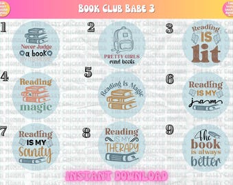 INSTANT DOWNLOAD Digital PNG Book Club Babe 3 cardstock rounds for car freshies, keychains, car coasters & crafts, sublimation