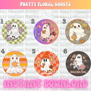 May include: Six round digital illustrations of cute ghosts with floral designs. The ghosts are white with black eyes and mouths. The floral designs are in various colors, including pink, purple, green, orange, and yellow. The numbers 1 through 6 are in the top left corner of each circle.