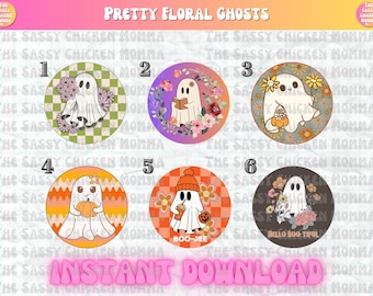 INSTANT DOWNLOAD Digital PNG Pretty Floral Ghost cardstock rounds for freshies, keychains, car coaster & crafts, Halloween, Cutesy, Boo-jee
