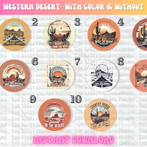 PNG Deserto Ocidental 10 designs (uma cor de fundo e outra sem) cartolina redonda para brindes de carro, chaveiros, porta-copos de carro, sublimação