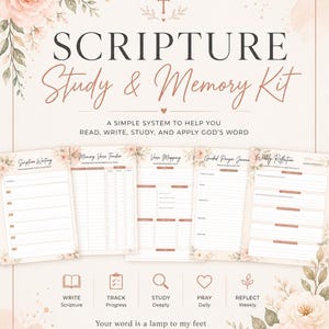 May include: A Scripture Study & Memory Kit with floral accents. The kit includes pages for scripture writing, verse tracking, verse mapping, guided prayer, and weekly reflection. The text reads: "Your word is a lamp to my feet and a light to my path."