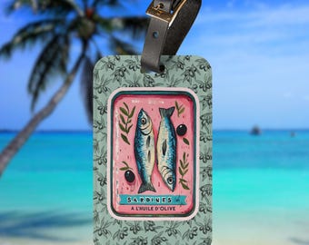 Fisherman Aesthetic Luggage Tag - Sardines and Olives Travel Gift for Foodie, Vacation Accessories, Nautical Bag Tag, Suitcase Identifier