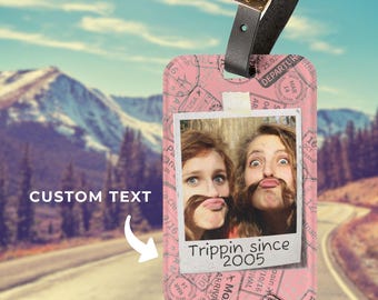 Personalized Photo Luggage Tag - Custom Name and Year, Travel Gift, Retro Throwback Bag Tag, Backpack Accessory, Pink Suitcase Identifier