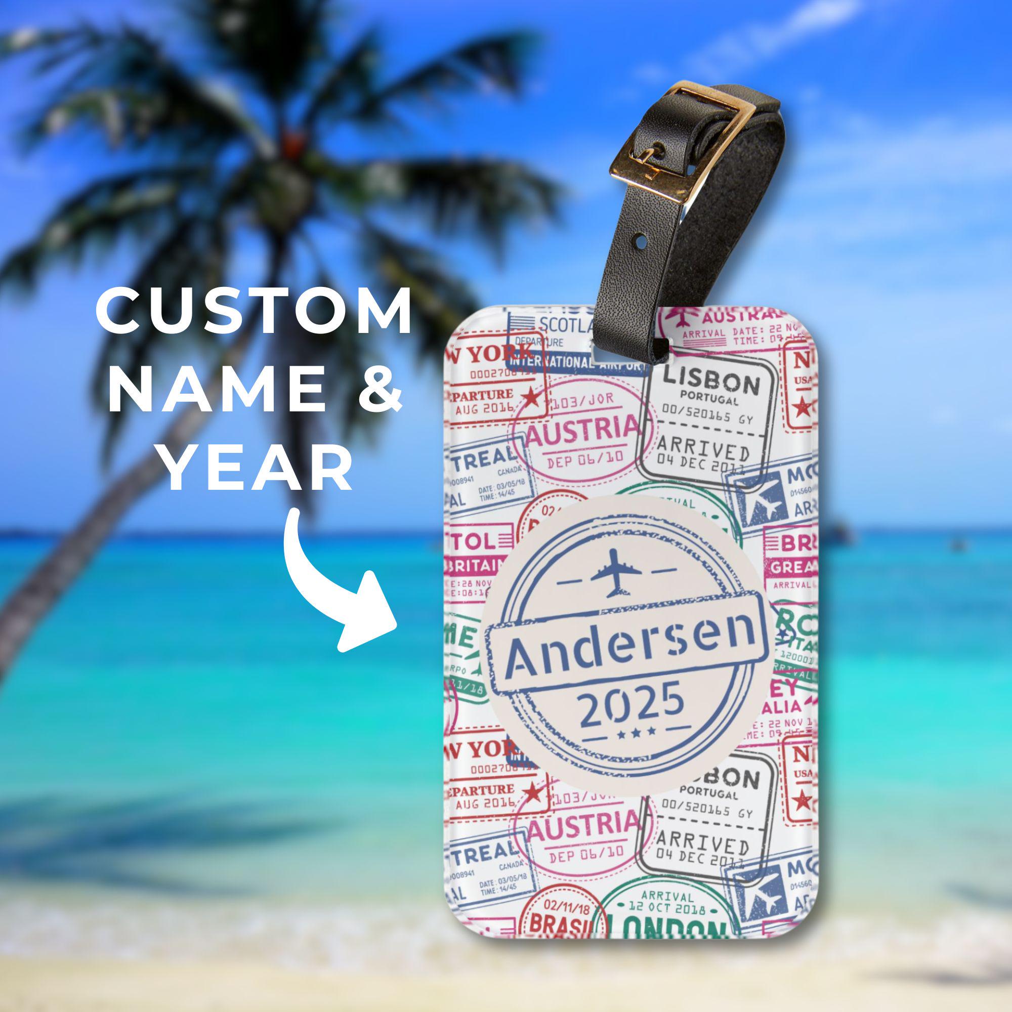 Personalized Passport Stamps Luggage Tag - Custom Name and Year, Travel Gift, Bag Tag, Backpack Accessory, Suitcase Identifier